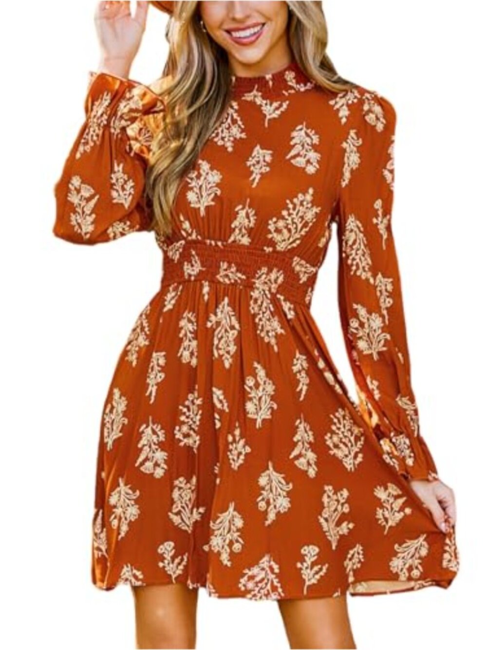 CUPSHE Floral Mock Neck Mini Dress Long Ruffle Sleeve Elastic Waist Smocked